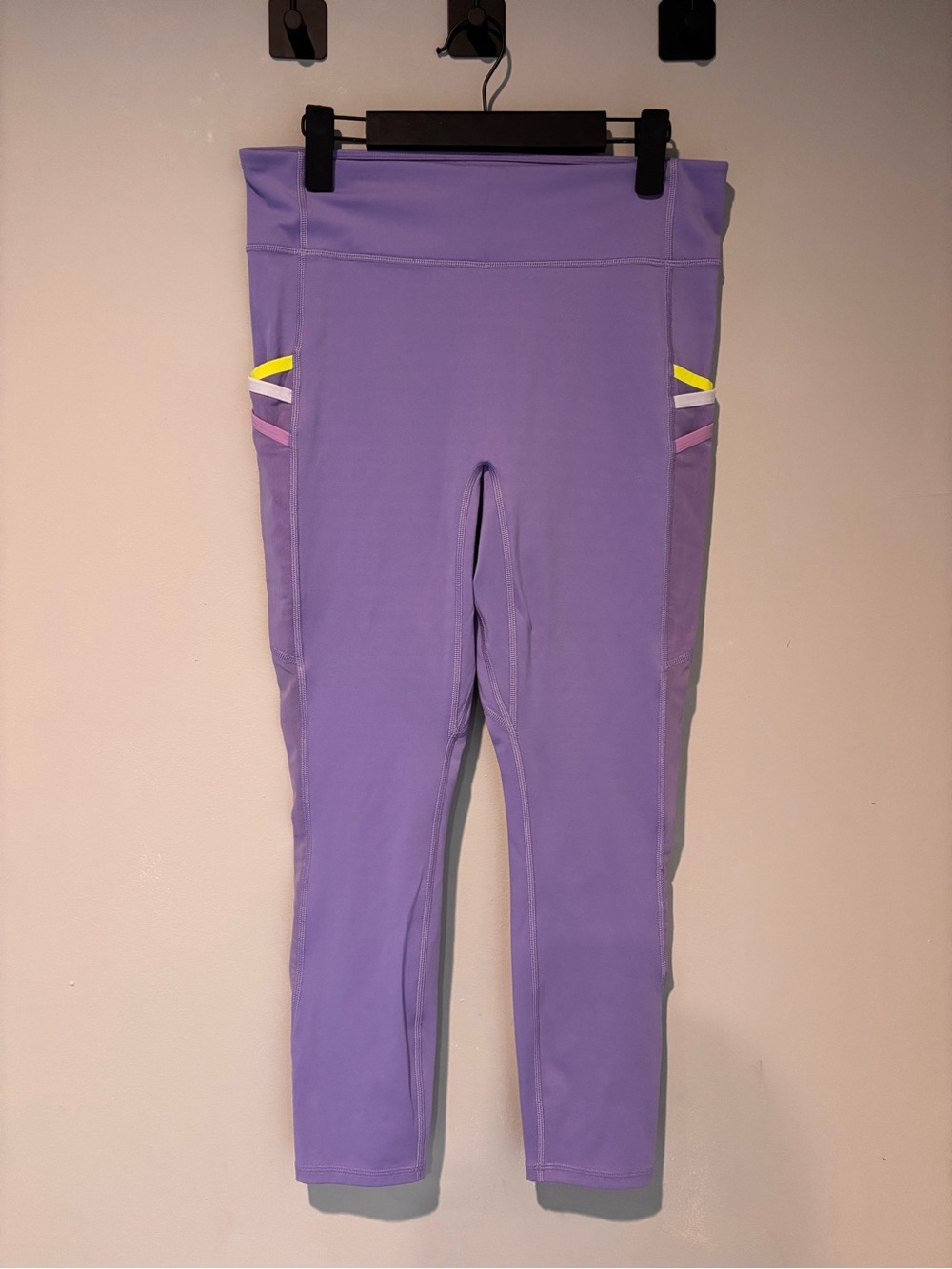 Fabletics Lavender Leggings with Neon Yellow & Light Pink Accents